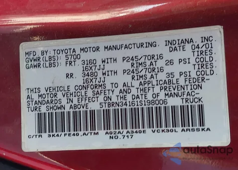 2001 Toyota Tundra Sr5 from USA, damaged, VIN 5TBRN34161S198006